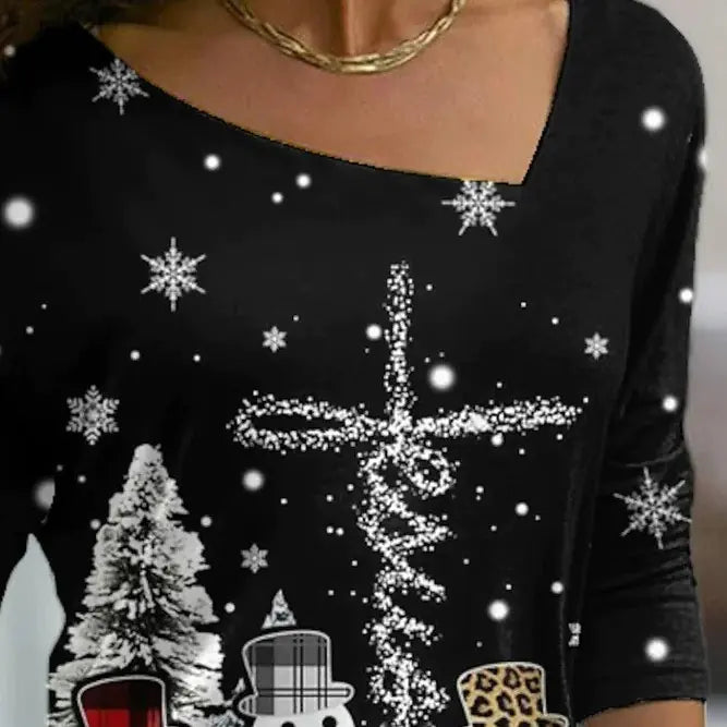 Christmas Print Long-sleeve Diagonal Collar Pullover Tee