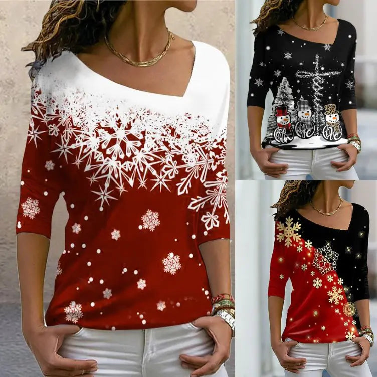 Christmas Print Long-sleeve Diagonal Collar Pullover Tee