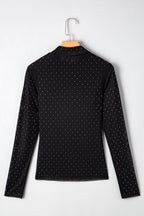 Schwarzes, mit Strasssteinen verziertes Mesh-Langarmtop