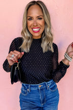 Schwarzes, mit Strasssteinen verziertes Mesh-Langarmtop