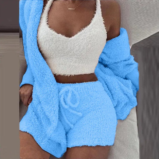3PCS/Set Thickened Warm Sleepwear Winter Women Long Plush Long-Sleeved  Vest Shorts Student Homewear Solid Fashion