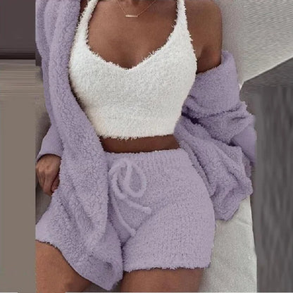 3PCS/Set Thickened Warm Sleepwear Winter Women Long Plush Long-Sleeved  Vest Shorts Student Homewear Solid Fashion