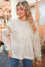 Khaki Ribbed Trim Ruffle Detail Leopard Round Neck Sweatshirt