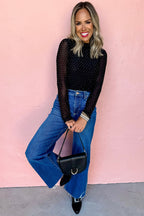 Schwarzes, mit Strasssteinen verziertes Mesh-Langarmtop