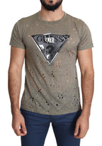 T-shirt masculina casual perfurada Guess castanho de algodão stretch com estampa do logotipo
