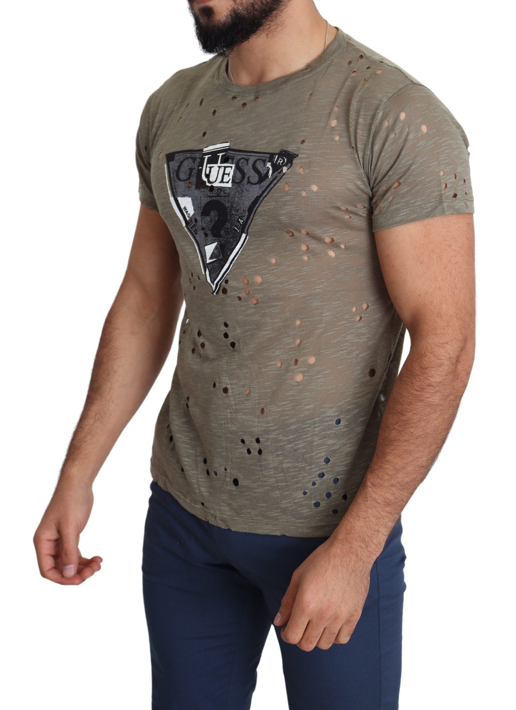 T-shirt masculina casual perfurada Guess castanho de algodão stretch com estampa do logotipo