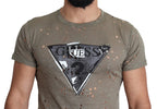 T-shirt masculina casual perfurada Guess castanho de algodão stretch com estampa do logotipo