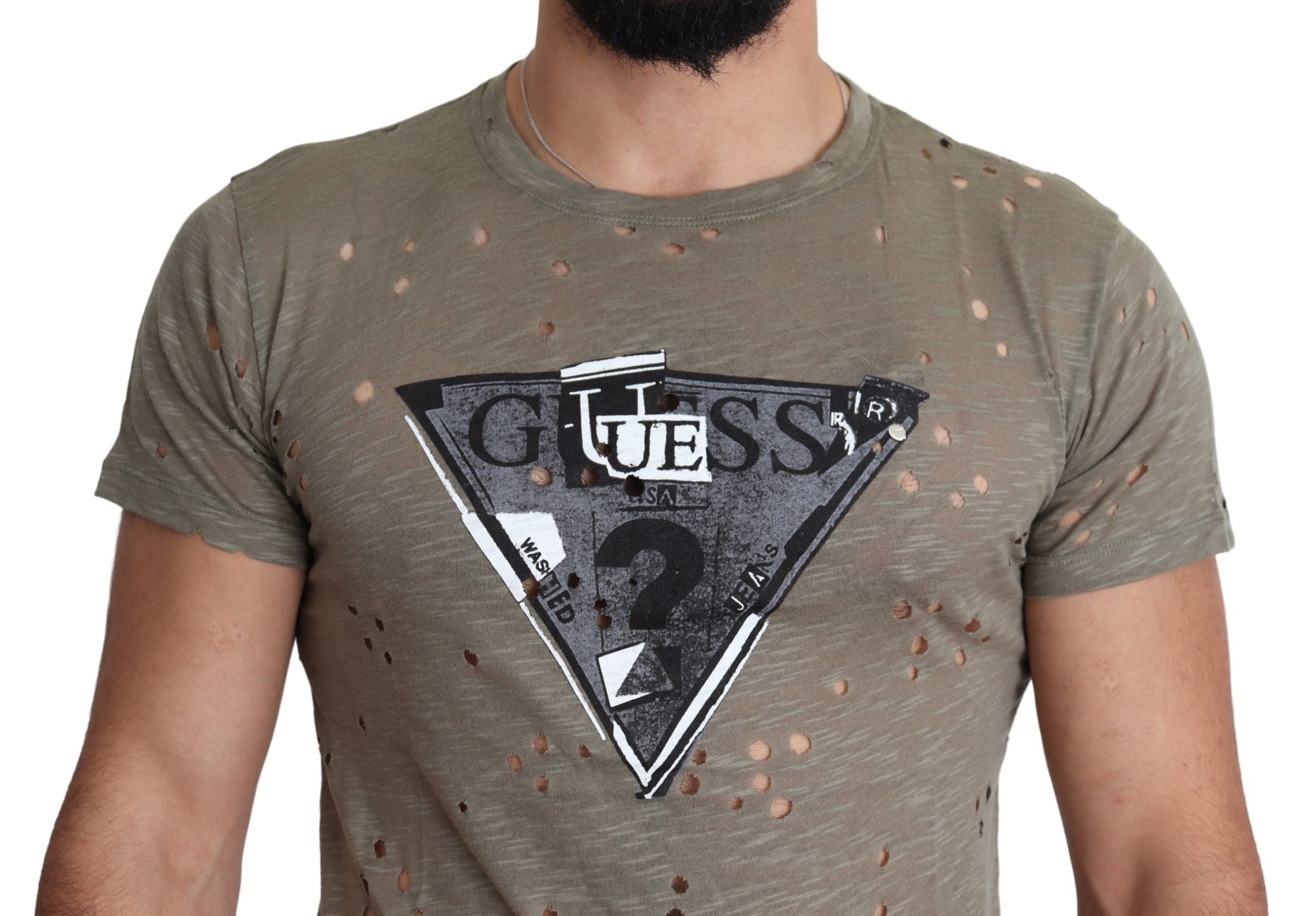 T-shirt masculina casual perfurada Guess castanho de algodão stretch com estampa do logotipo