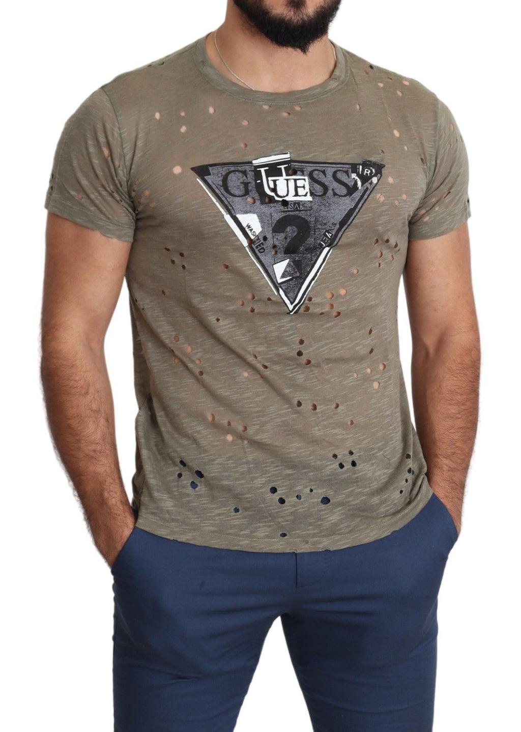 T-shirt masculina casual perfurada Guess castanho de algodão stretch com estampa do logotipo