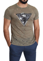 T-shirt masculina casual perfurada Guess castanho de algodão stretch com estampa do logotipo