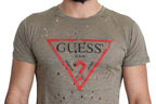 T-shirt masculina casual perfurada Guess castanho de algodão stretch com estampa do logotipo