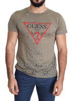 T-shirt masculina casual perfurada Guess castanho de algodão stretch com estampa do logotipo