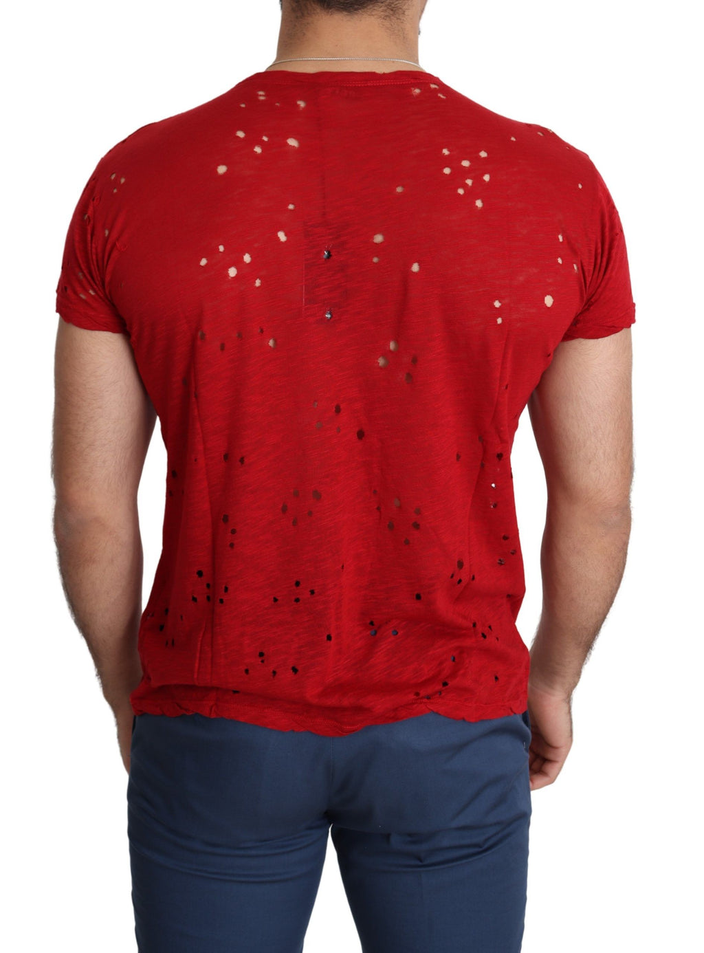 T-shirt casual para homem Guess vermelha em algodão com estampa do logótipo e detalhes perfurados.