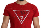 T-shirt casual para homem Guess vermelha em algodão com estampa do logótipo e detalhes perfurados.