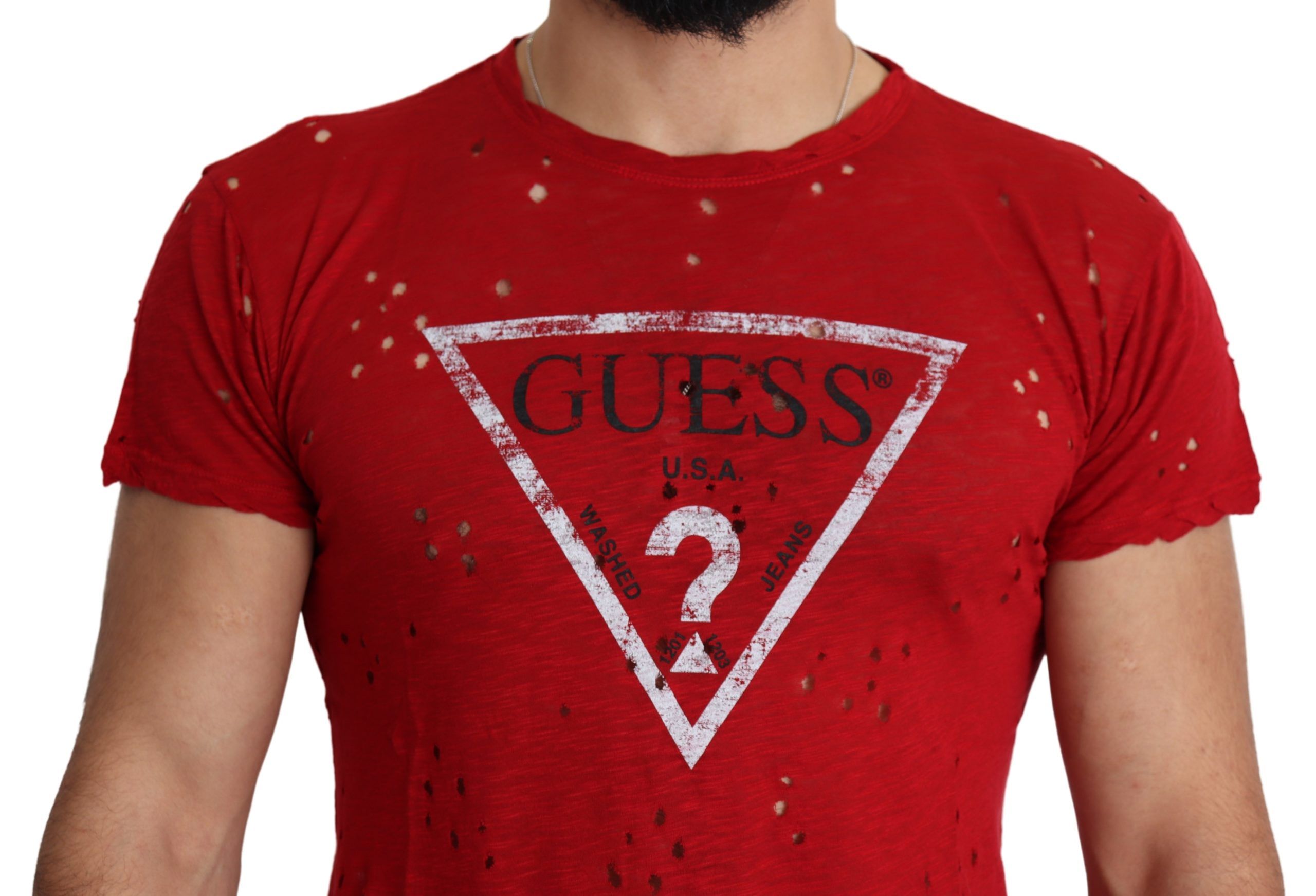 T-shirt casual para homem Guess vermelha em algodão com estampa do logótipo e detalhes perfurados.