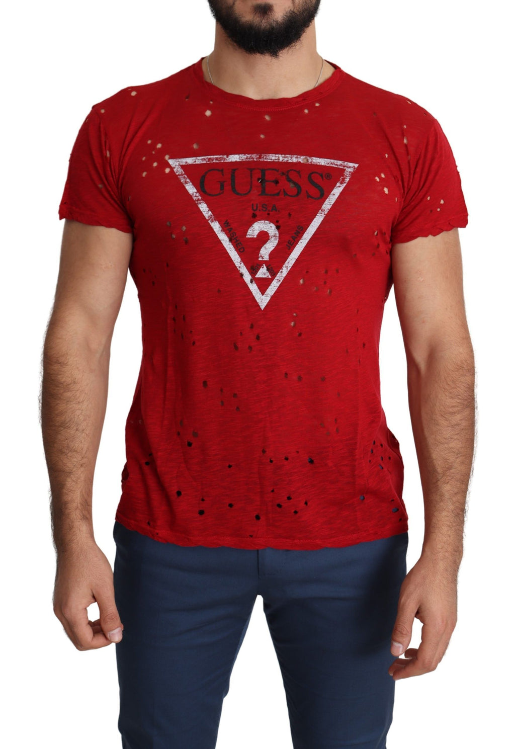 T-shirt de homem casual Guess vermelha em algodão com estampa do logótipo e detalhes perfurados.