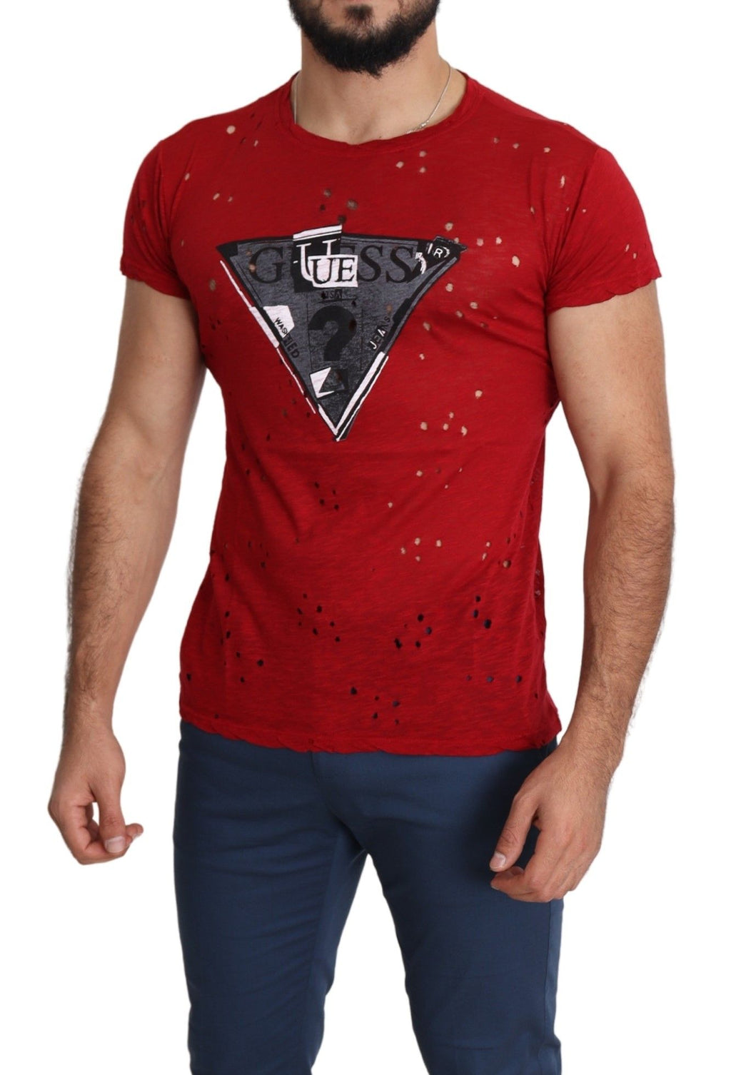 T-shirt de homem casual Guess vermelha em algodão com estampa do logótipo e detalhes perfurados.