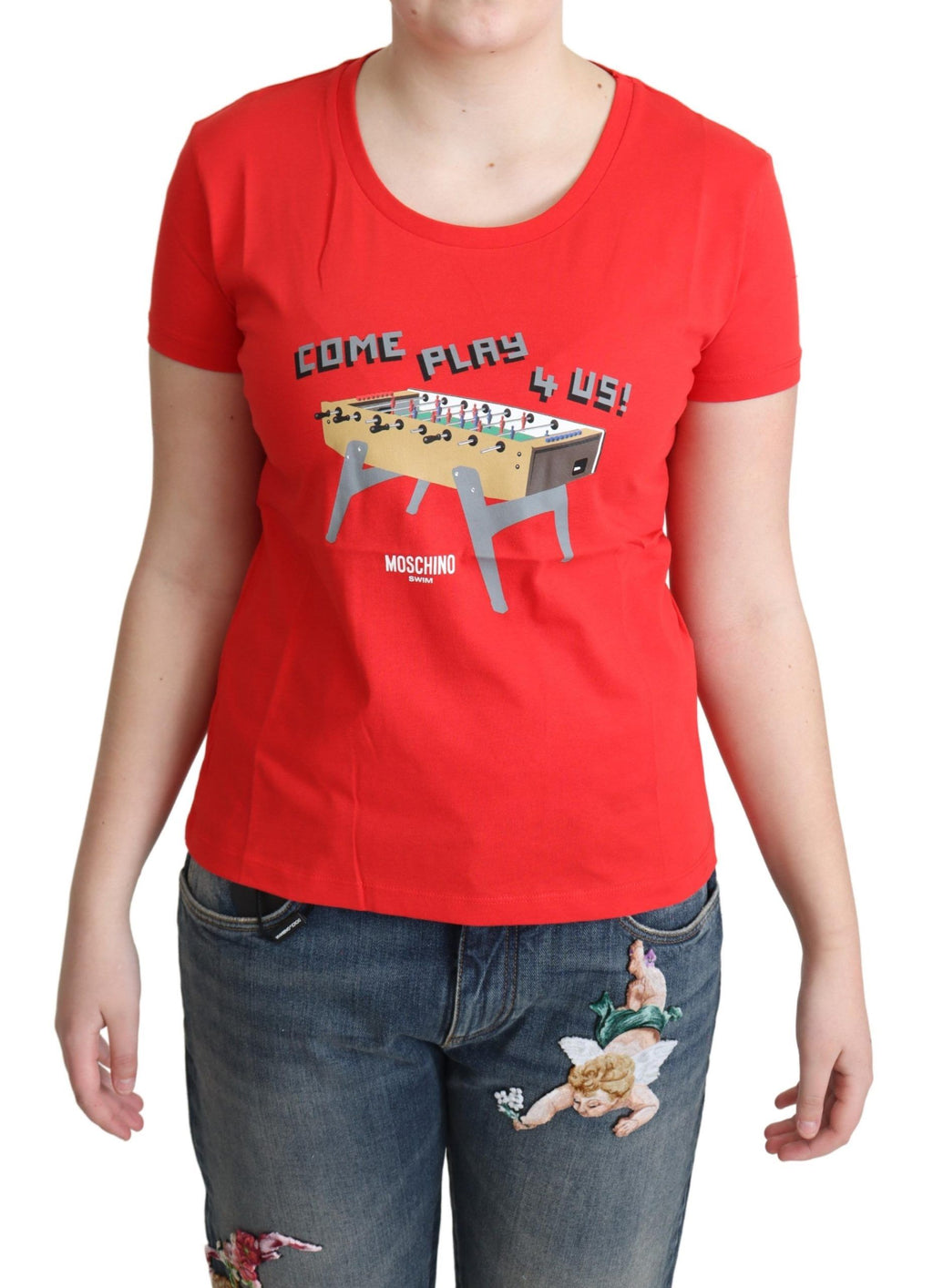 Moschino Rotes Baumwoll-Top mit Aufdruck „Come Play 4 Us“ – Bluse und T-Shirt