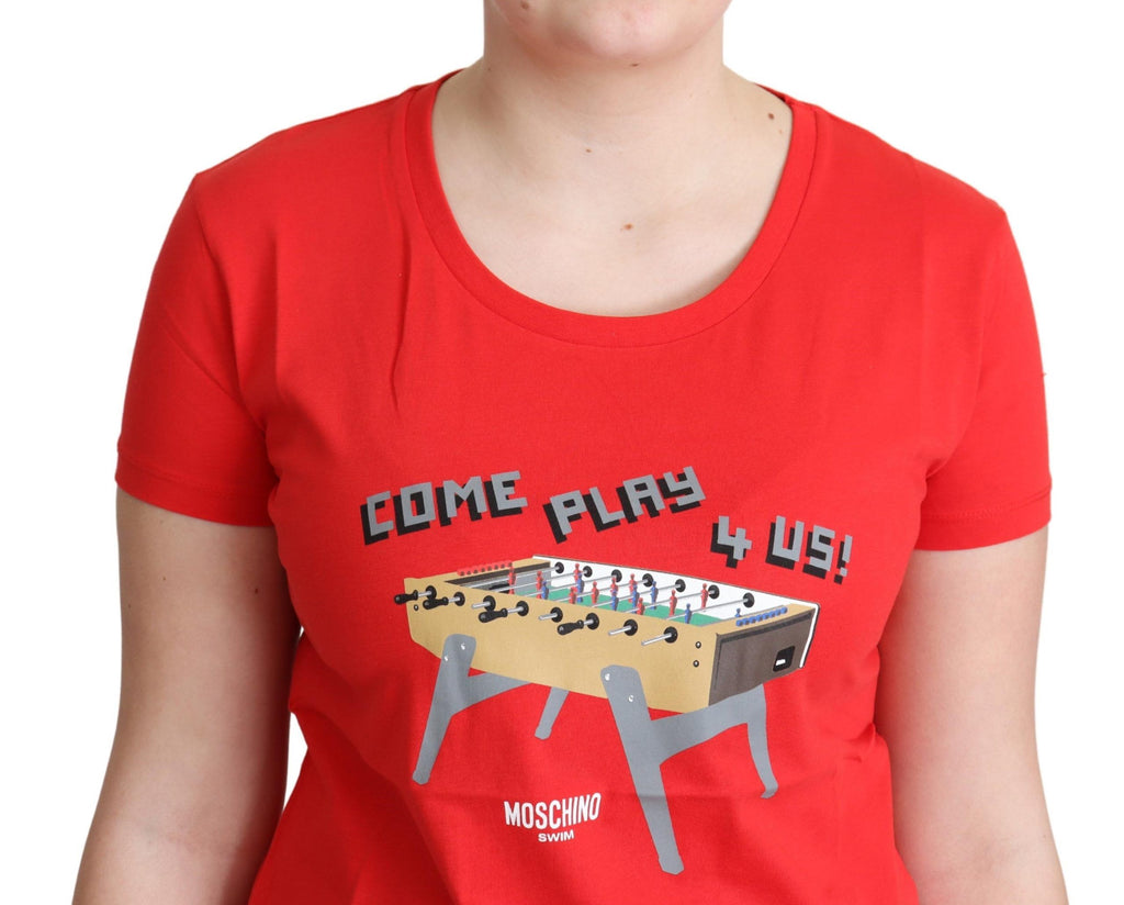 Moschino Rotes Baumwoll-Top mit Aufdruck „Come Play 4 Us“ – Bluse und T-Shirt