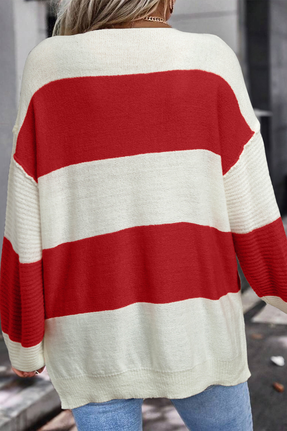 Red Stripe Colorblock V Neck Side Slits Sweater