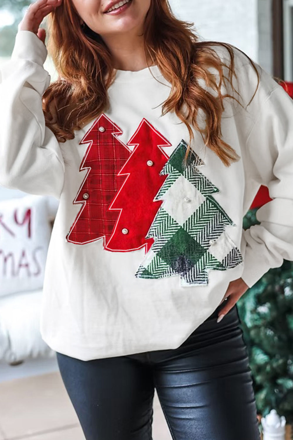 White Pearl Plaid Christmas Tree Sweatshirt