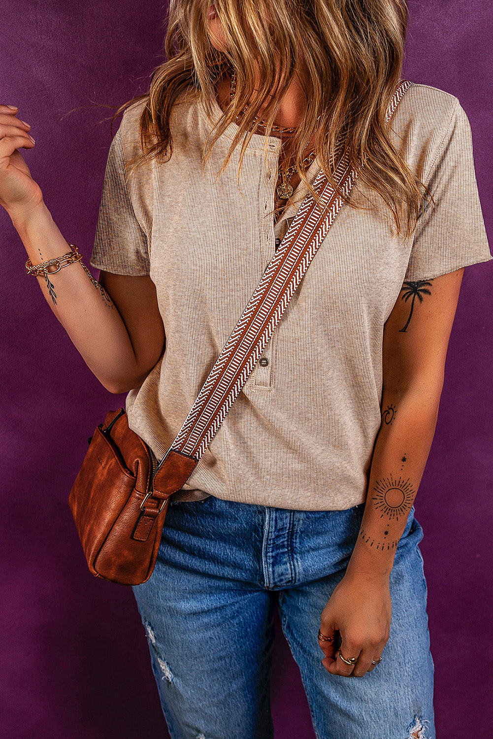 Kurzarm-Top in Haferflockenfarbe