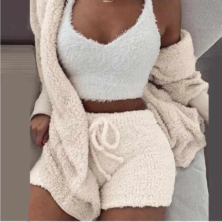 3PCS/Set Thickened Warm Sleepwear Winter Women Long Plush Long-Sleeved  Vest Shorts Student Homewear Solid Fashion