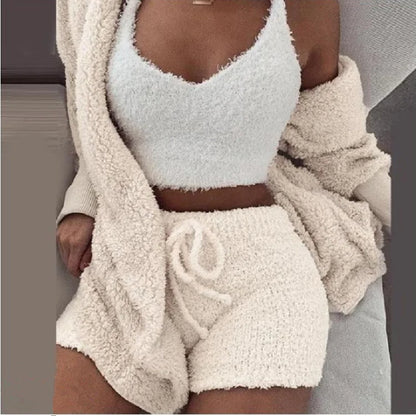 3PCS/Set Thickened Warm Sleepwear Winter Women Long Plush Long-Sleeved  Vest Shorts Student Homewear Solid Fashion