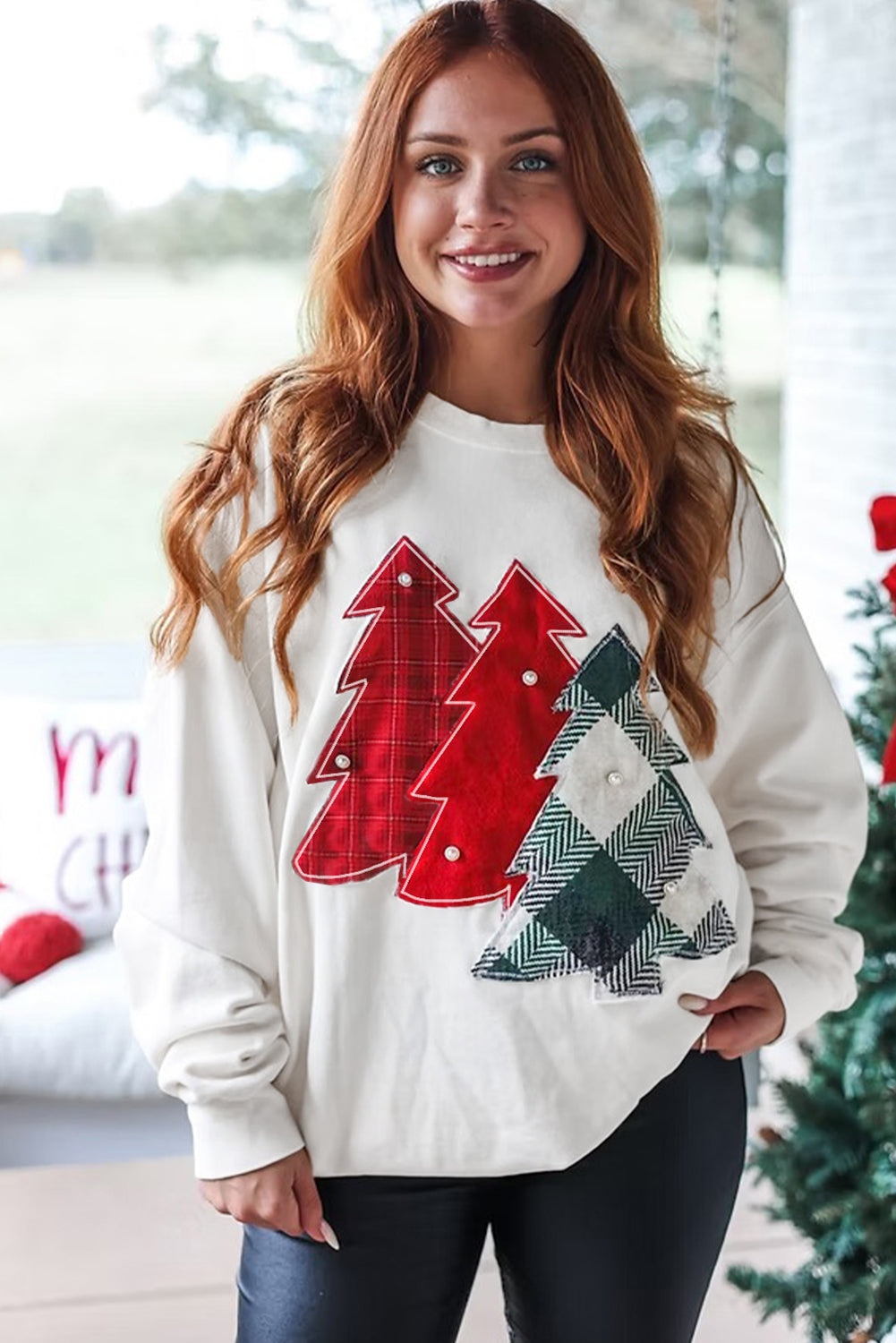 White Pearl Plaid Christmas Tree Sweatshirt
