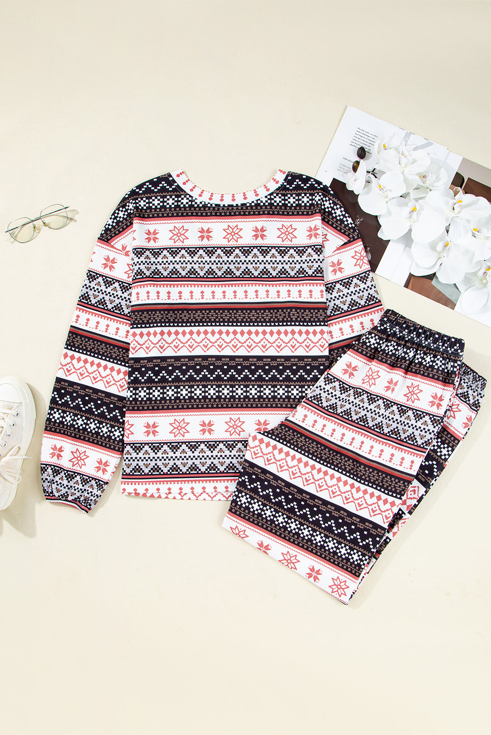 Black Retro Christmas Pattern Loose Pullover 2pcs