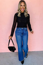 Schwarzes, mit Strasssteinen verziertes Mesh-Langarmtop