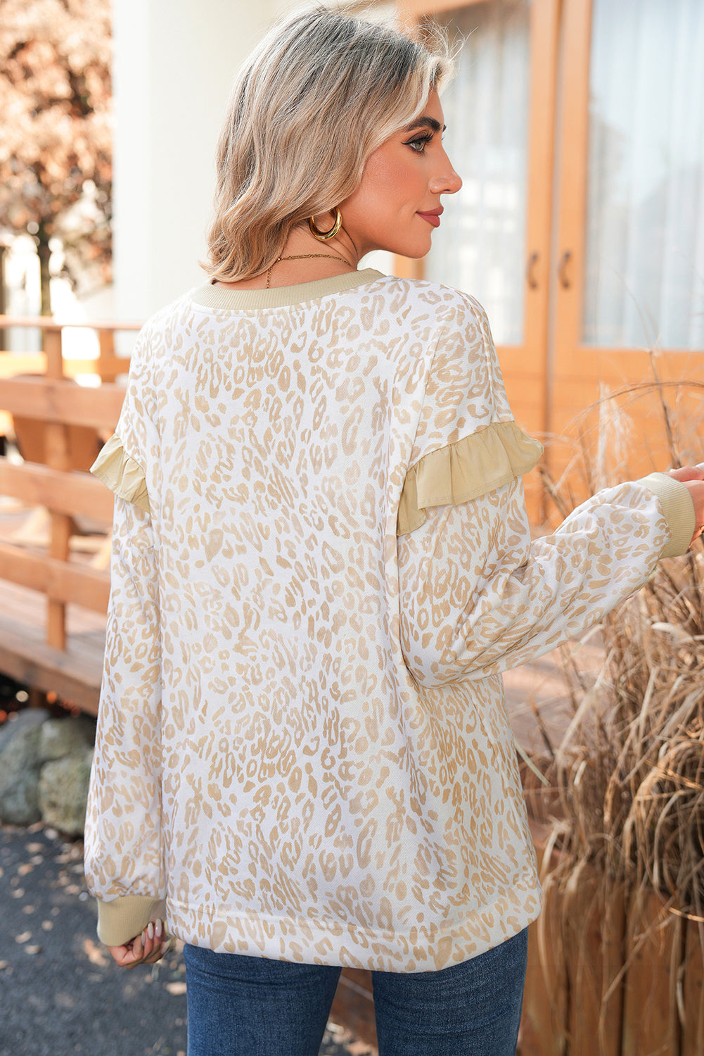 Khaki Ribbed Trim Ruffle Detail Leopard Round Neck Sweatshirt
