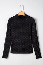 Schwarzes, mit Strasssteinen verziertes Mesh-Langarmtop