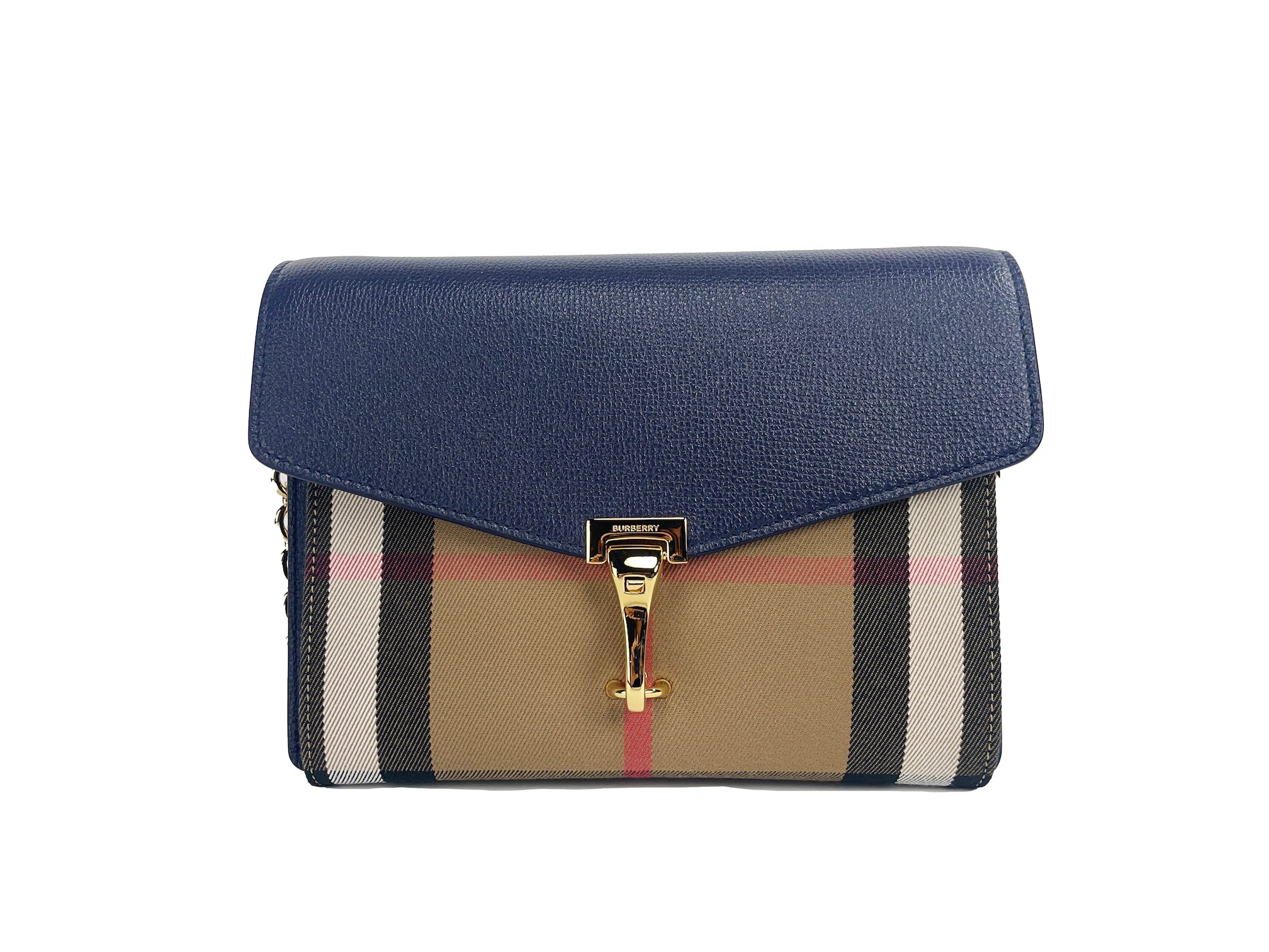 Bolsa a tiracolo Burberry Macken pequena em pele com estampado xadrez azul Regency.