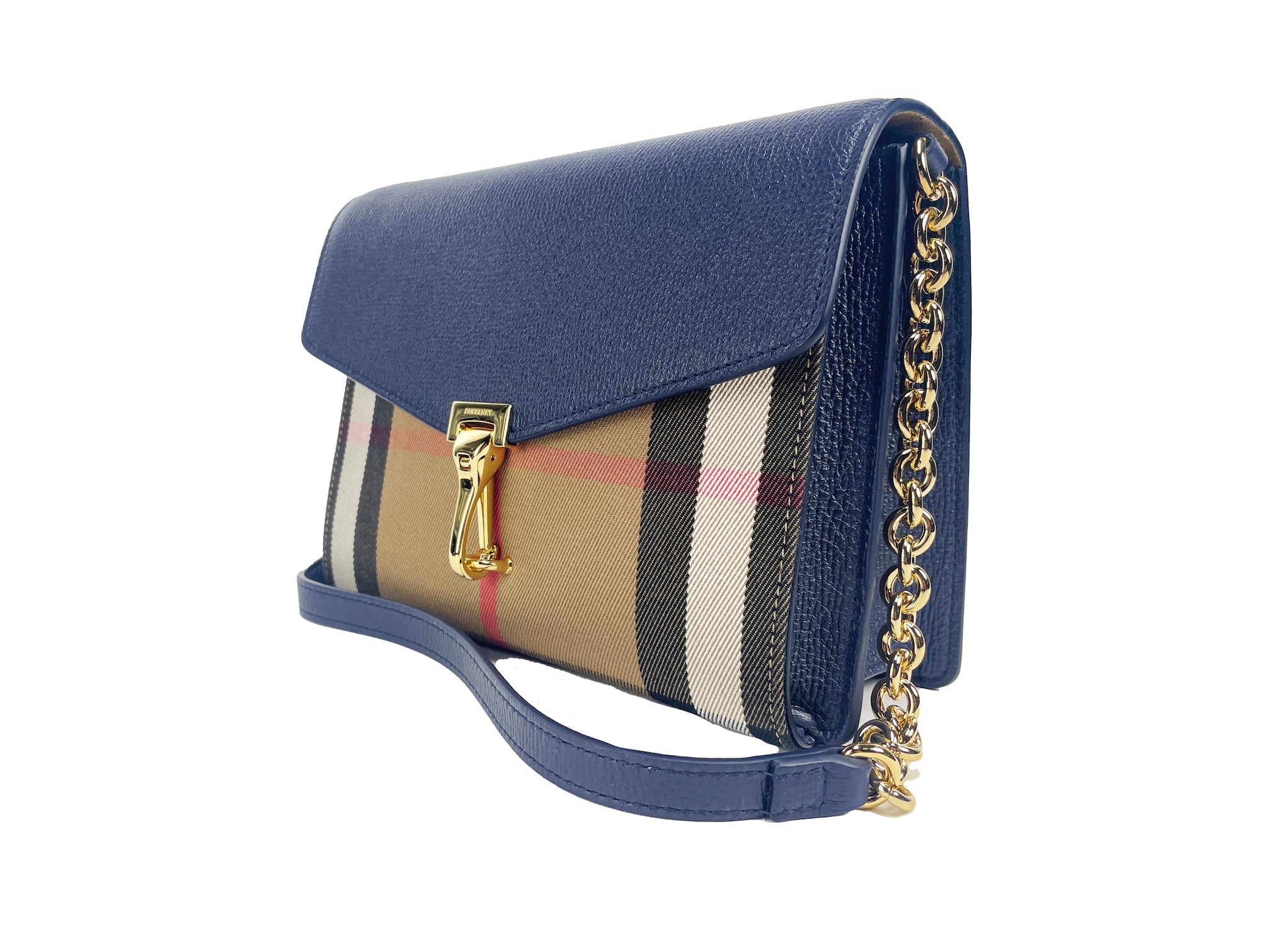 Bolsa a tiracolo Burberry Macken pequena em pele com estampado xadrez azul Regency.