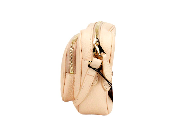 Bolsa tiracolo Burberry pequena em pele granulada rosa pêssego com a marca, estilo câmara.
