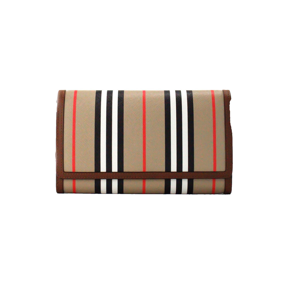 Bolsa Carteira Transversal Burberry Hannah Icon Stripe Archive em Pele e Lona E-Canvas Bege