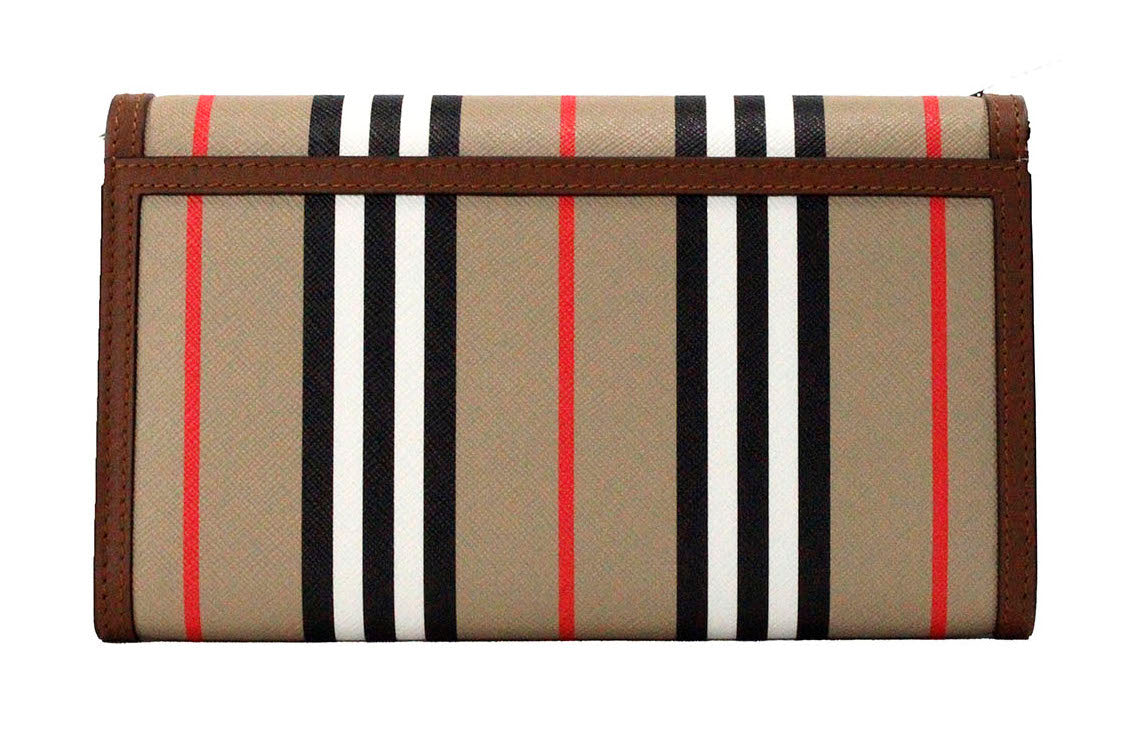 Bolsa Carteira Transversal Burberry Hannah Icon Stripe Archive em Pele e Lona E-Canvas Bege