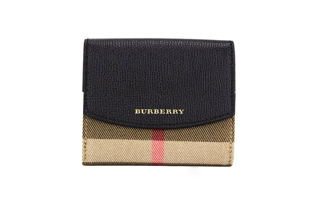 Carteira porta-moedas Burberry Luna em pele granulada preta com estampado xadrez e fecho de encaixe.