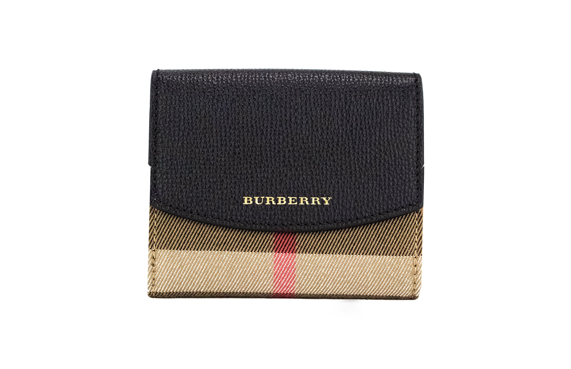 Carteira porta-moedas Burberry Luna em pele granulada preta com estampado xadrez e fecho de encaixe.