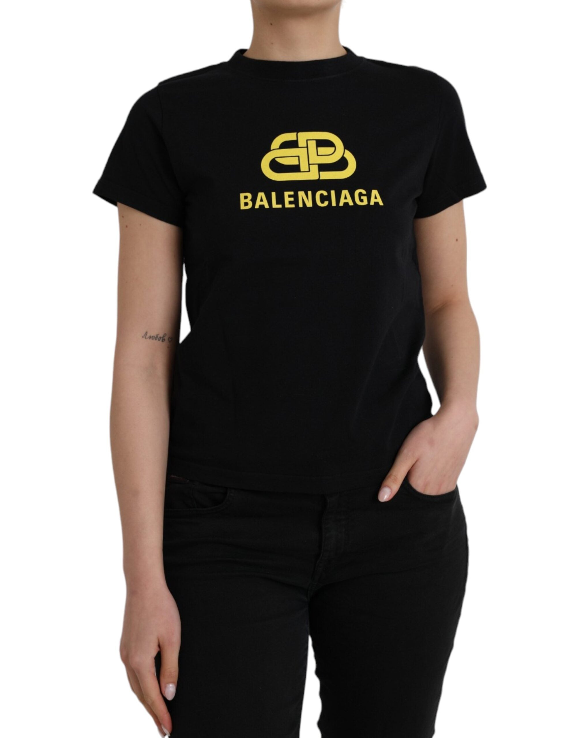 Balenciaga – Schwarzes T-Shirt aus Baumwolle mit Rundhalsausschnitt und kurzen Ärmeln und Logodruck