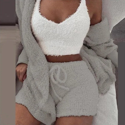 3PCS/Set Thickened Warm Sleepwear Winter Women Long Plush Long-Sleeved  Vest Shorts Student Homewear Solid Fashion