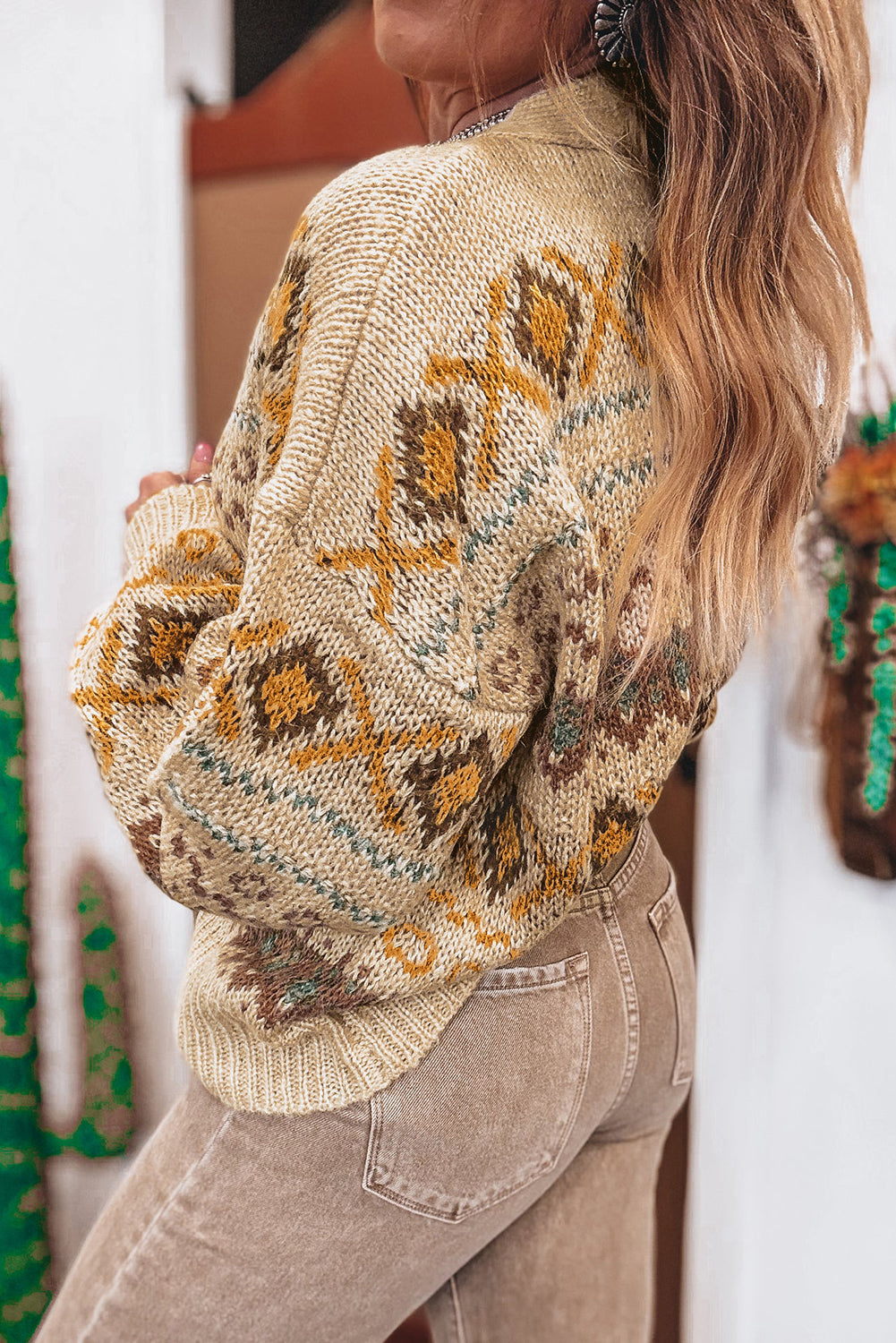 Khaki Geometric Pattern Button V Neck Cardigan