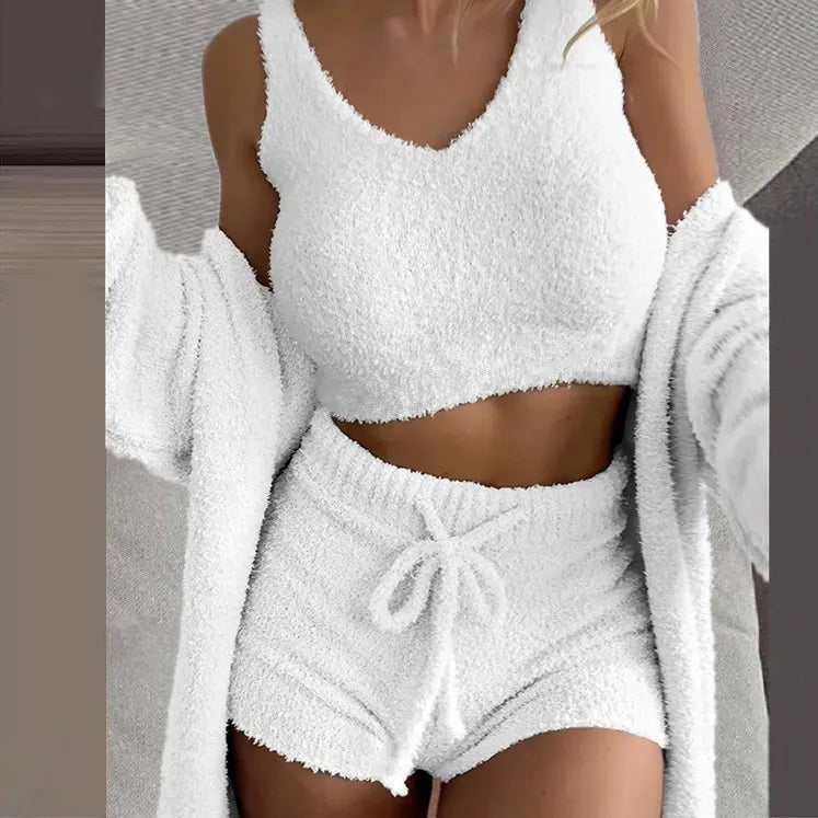 3PCS/Set Thickened Warm Sleepwear Winter Women Long Plush Long-Sleeved  Vest Shorts Student Homewear Solid Fashion