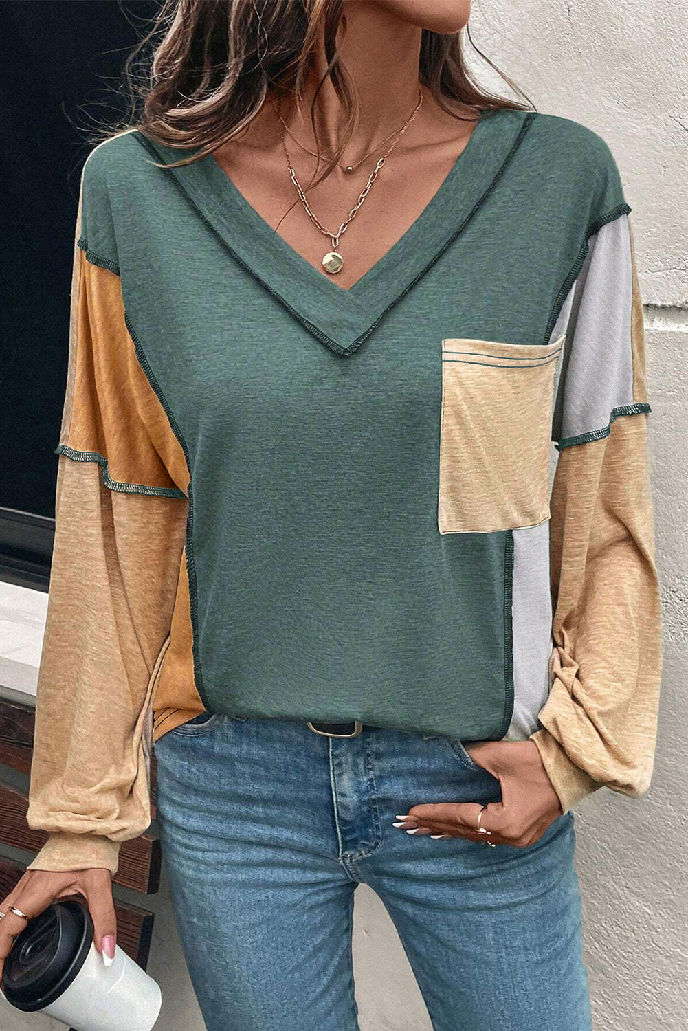 Green V Neck Long Sleeve Top