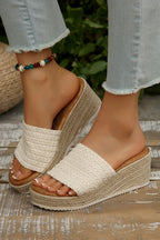 White Boho Woven One Band Wedge Slippers