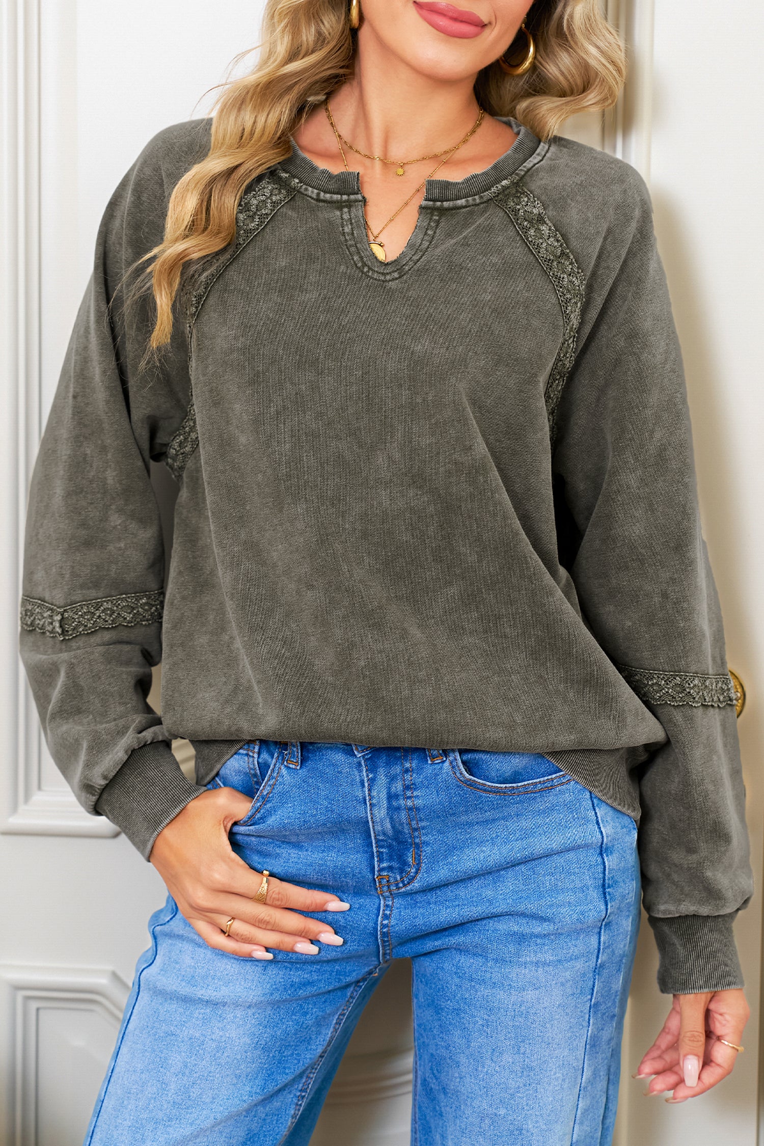 Jungle Green Lace Applique Notched Sweatshirt