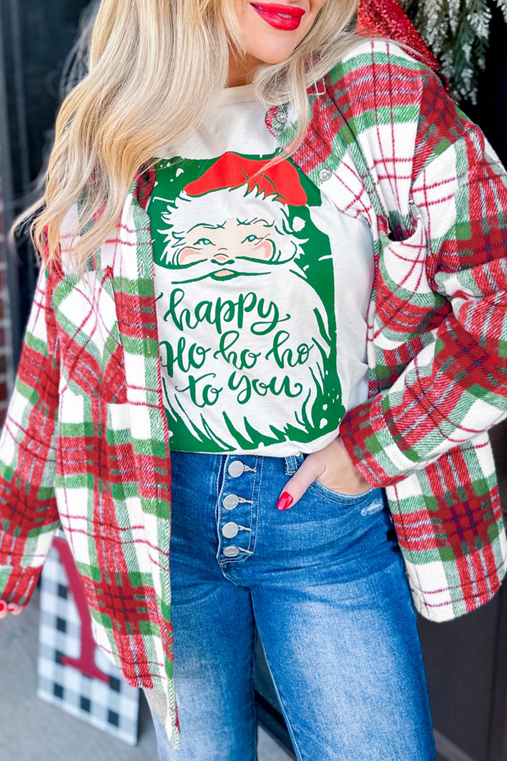 Red Christmas Plaid Casual Flannel Shacket