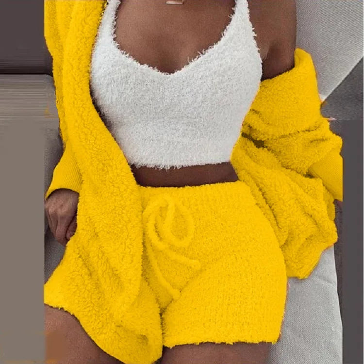 3PCS/Set Thickened Warm Sleepwear Winter Women Long Plush Long-Sleeved  Vest Shorts Student Homewear Solid Fashion