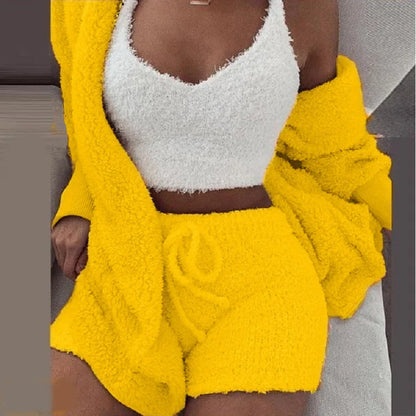 3PCS/Set Thickened Warm Sleepwear Winter Women Long Plush Long-Sleeved  Vest Shorts Student Homewear Solid Fashion